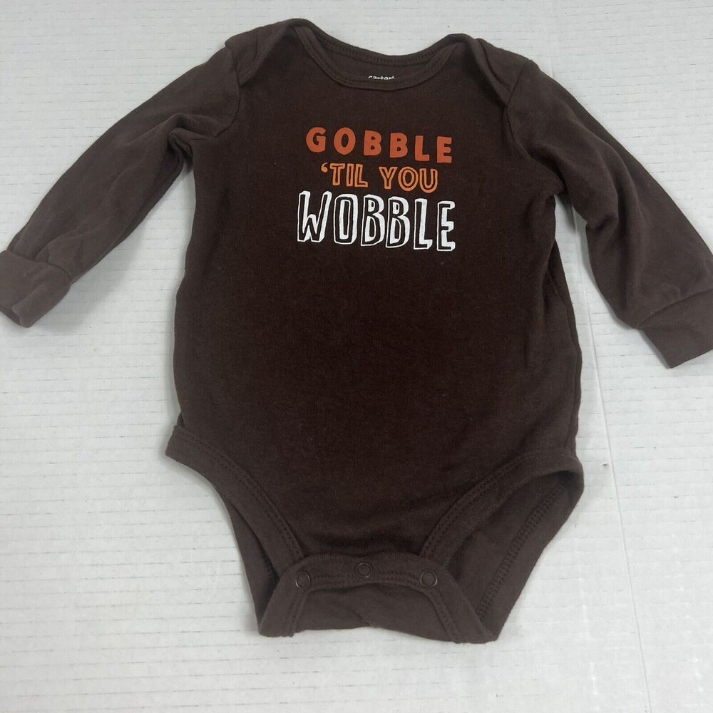 Carters Thanksgiving Bodysuit "Gobble Til You Wobble" 6 Months  Brown/orange